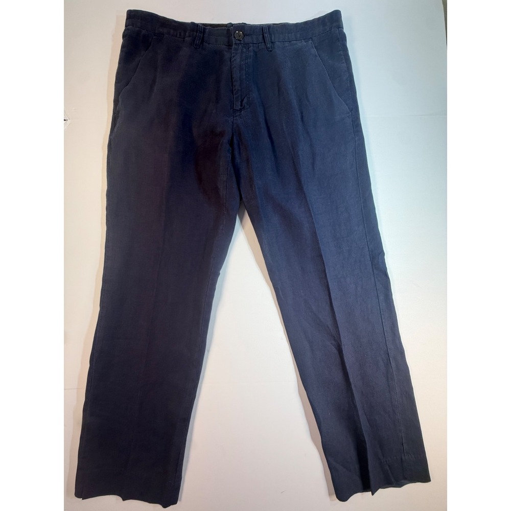 Armani Exchange Mens 36 Reg Navy Blue 100% Linen Straight Leg Trousers Pants